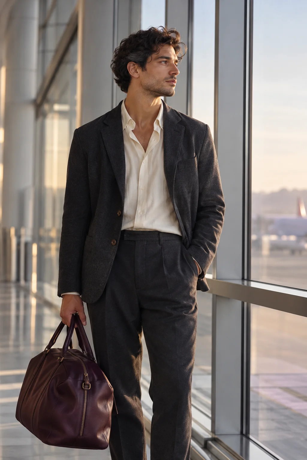 A traveler carrying a weekender bag beside a bright airport window